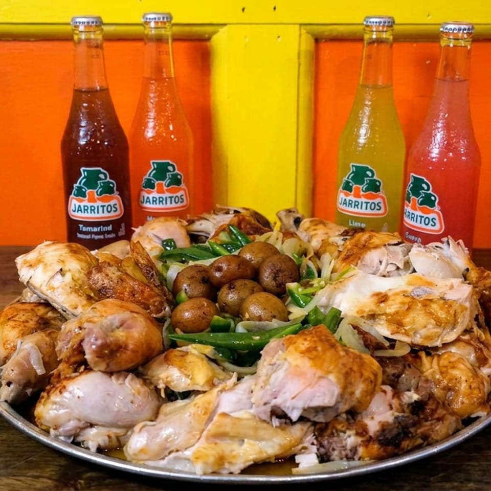 Large platter of roasted chicken pieces, potatoes, and green peppers on a wooden table with four Jarritos soda bottles.