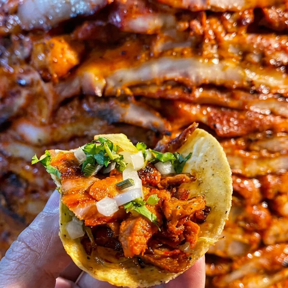 Hand holding a taco filled with grilled meat, onions, cilantro, and pineapple in front of a vertical spit of roasted meat.