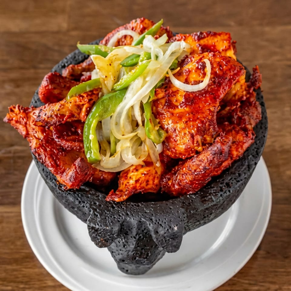 Red-sauced grilled meat topped with sliced onions and green peppers in a black stone bowl on a white plate.