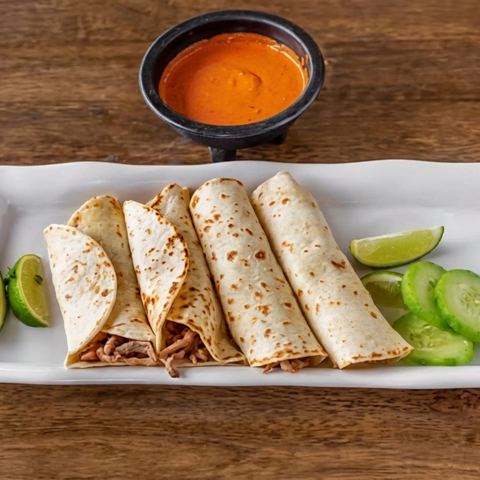 Five rolled tortillas filled with shredded meat, served with lime wedges, cucumber slices, and red dipping sauce on a white platter.